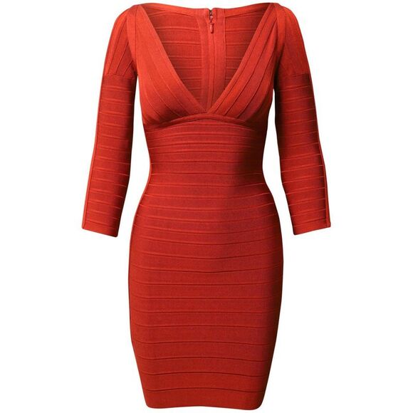 Herve Leger V-neck Bandage Dress in Red Rayon